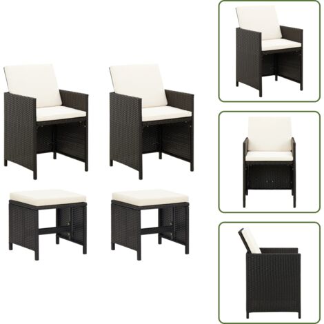 The Living Store Conjunto de silla de jardín y taburete 4 piezas negra ratán PE - Taburete