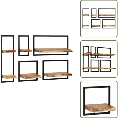 The Living Store Conjunto estantes pared 5 piezas madera maciza acacia y acero - Estanterías de madera