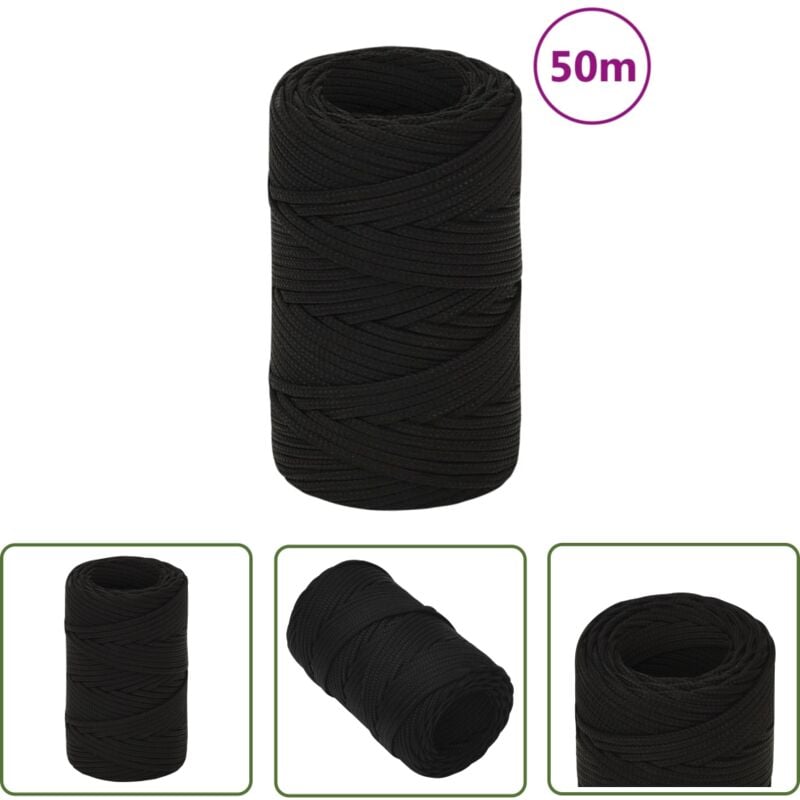The Living Store Corde de travail Noir 2 mm 50 m Polyester - Corde De Travail - Corde Tressée - Polyester - Corde Noire - Outillage Bricolage