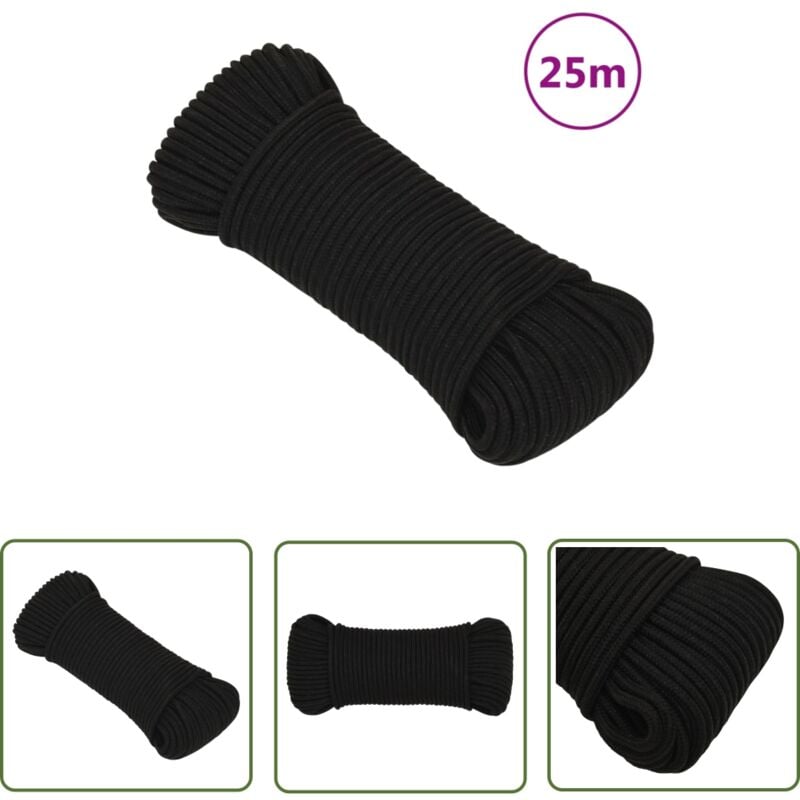 The Living Store Corde de travail Noir 5 mm 25 m Polyester - Corde De Travail - Corde Tressée - Corde Polyesteer - Cordon De Manutention - Outillage