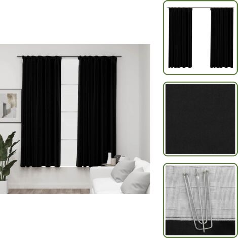 The Living Store Cortinas opacas con ganchos look de lino 2 pzas negro 140x175cm - Cortinas de lino