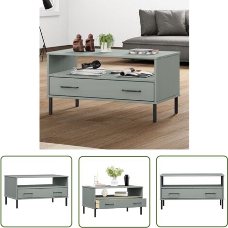 The Living Store Couchtisch OSLO mit Metallbeinen Grau 85x50x45 cm Massivholz - Holz Couchtisch - Massivholzmöbel - Wohnzimmerstil - Sideboard - Grau Sofa Tisch