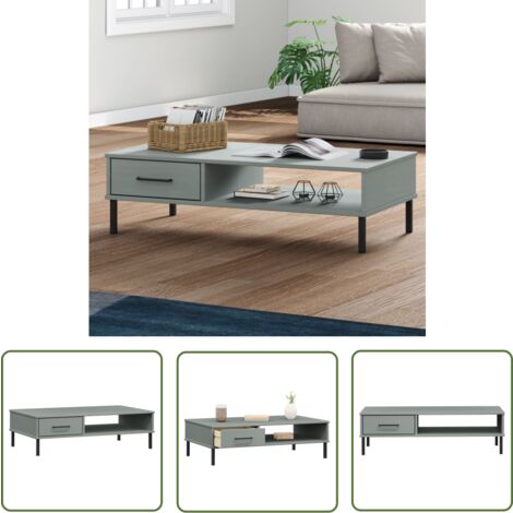 The Living Store Couchtisch OSLO mit Metallbeinen Grau Massivholz Kiefer - Holz Couchtisch - Kiefernholzmöbel - Wohnzimmerstil - Sideboard - TV Stand