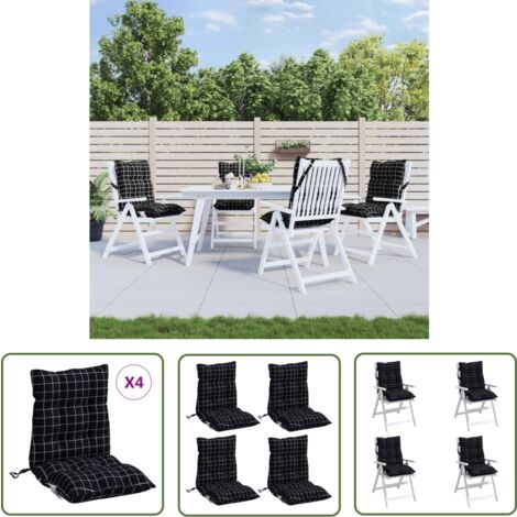 The Living Store Coussins de chaise à dossier bas lot de 4 motif à carreaux noir - Coussin De Chaise - Coussin Exterieur - Coussin Décoratif - Coussin Confortable - Tissu Oxford