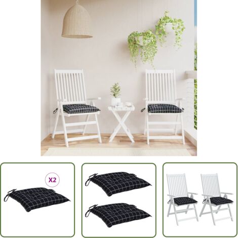 The Living Store Coussins de chaise lot de 2 carreaux noir 40x40x7 cm tissu - Coussin De Chaise - Coussin Exterieur - Coussin Décoratif - Coussin Patio - Coussin Jardin