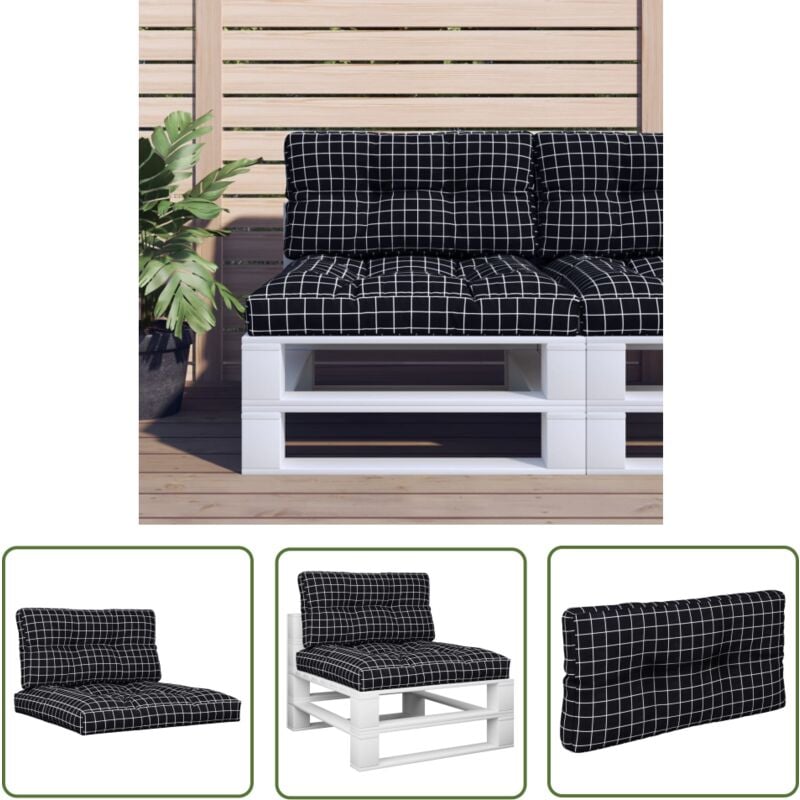 The Living Store - Coussins de palette lot de 2 motif à carreaux noir tissu - Coussins Exterieurs - Coussins Patio - Coussin Chaise Longue - Coussin