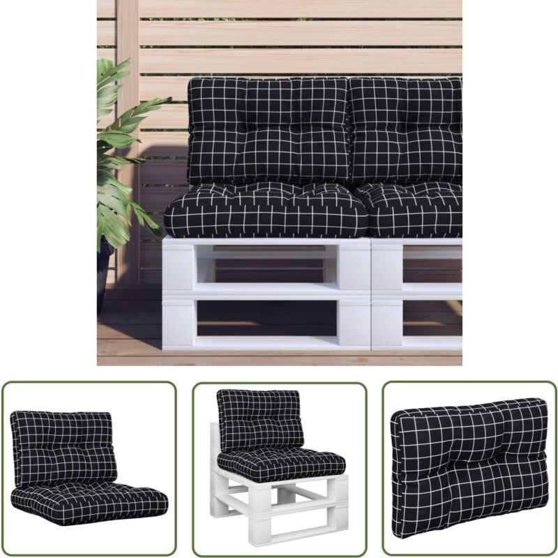 The Living Store - Coussins de palette lot de 2 motif à carreaux noir tissu - Coussins Exterieurs - Coussins Patio - Coussins Jardin - Cushions