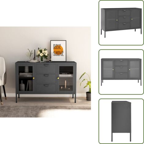The Living Store Credenza Antracite 105x35x70 cm in Acciaio e Vetro Temperato - Credenza in vetro temperato
