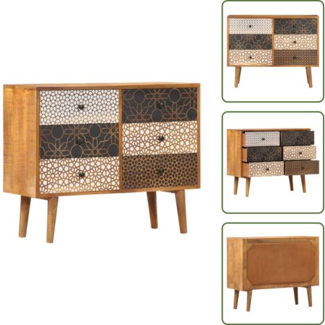 The Living Store Credenza con Motivo Stampato 90x30x70 cm in Massello di Mango - Credenza con cassetti