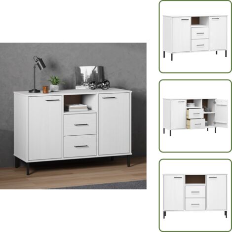 The Living Store Credenza Gambe Metallo Bianco 113x40x77 cm Legno Massello OSLO - Credenza industriale