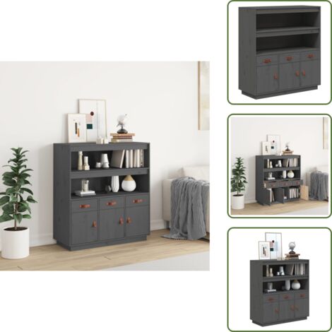 The Living Store Credenza Grigia 100x40x108,5 cm in Legno Massello di Pino - Credenza grigia