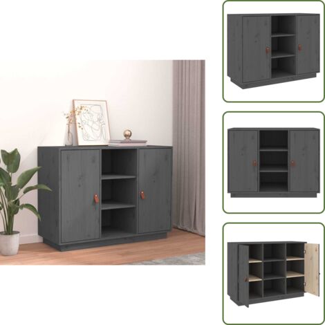 The Living Store Credenza Grigia 100x40x75 cm in Legno Massello di Pino - Credenza grigia