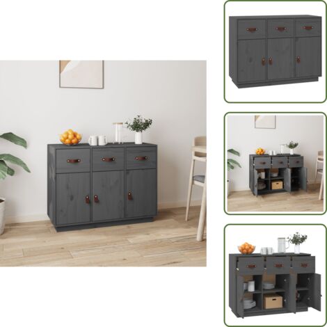 The Living Store Credenza Grigia 100x40x75 cm in Legno Massello di Pino - Credenza grigia