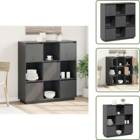 The Living Store Credenza Grigia 110,5x35x117 cm in Legno Massello di Pino - Credenza grigia