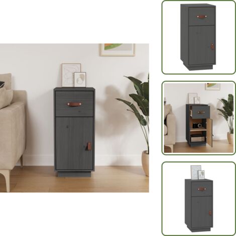 The Living Store Credenza Grigia 34x40x75 cm in Legno Massello di Pino - Credenza grigia