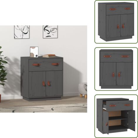 The Living Store Credenza Grigia 65,5x40x75 cm in Legno Massello di Pino - Credenza grigia