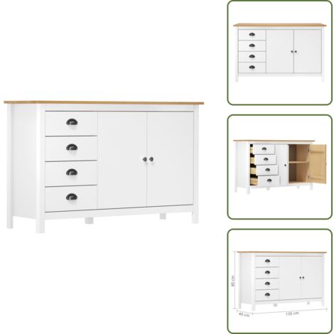 The Living Store Credenza Hill Bianca 130x40x80 cm in Legno Massello di Pino - Armadietto in legno