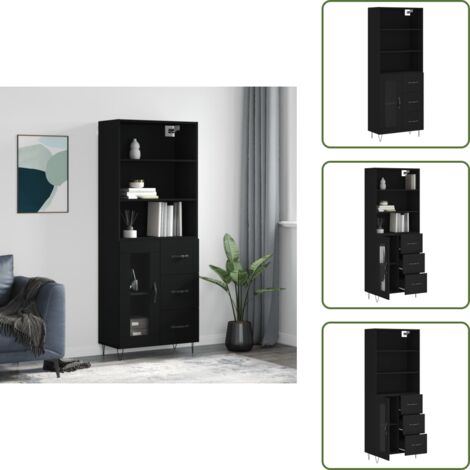 The Living Store Credenza Nera 69,5x34x180 cm in Legno Multistrato - Credenza nera