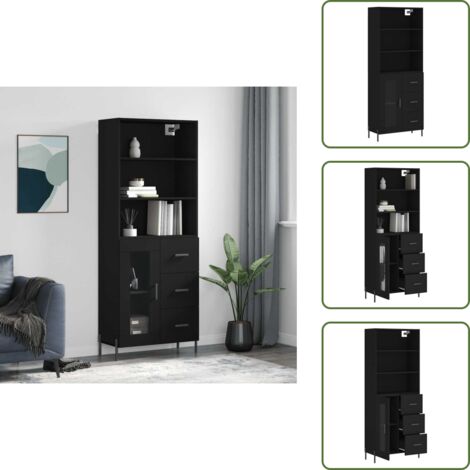 The Living Store Credenza Nera 69,5x34x180 cm in Legno Multistrato - Credenza nera