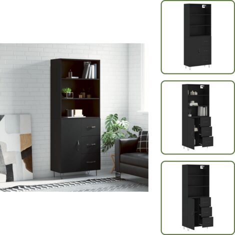 The Living Store Credenza Nera 69,5x34x180 cm in Legno Multistrato - Credenza nera