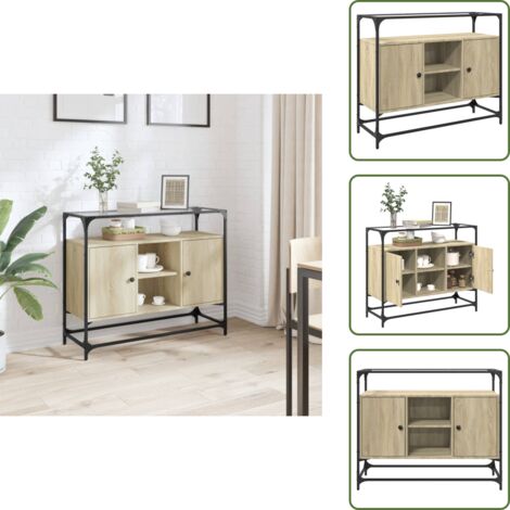 The Living Store Credenza Piano Vetro Rovere Sonoma 98x35x81cm Legno Multistrato - Credenza in legno multistrato