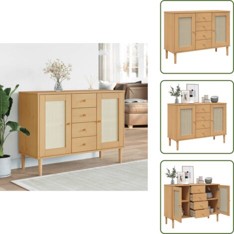 The Living Store Credenza SENJA Aspetto Rattan 112x40x80 cm Legno Massello Pino - Credenza in pino