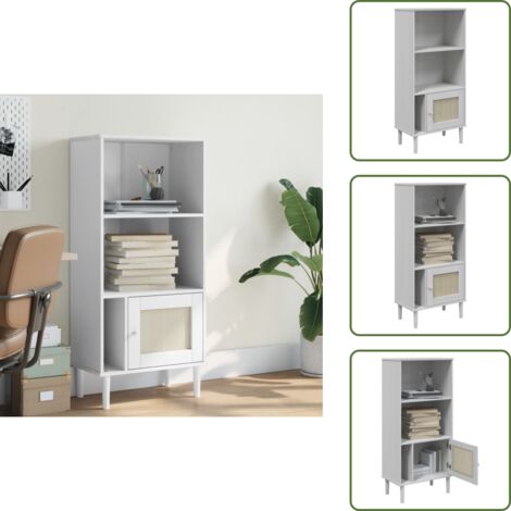 The Living Store Credenza SENJA Aspetto Rattan Bianco 60x35x130 cm Massello Pino - Credenza in pino