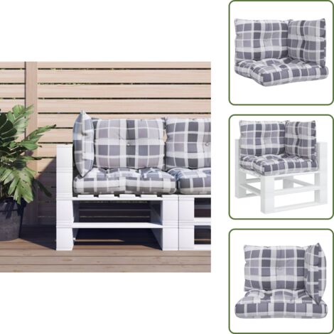 The Living Store Cuscini per Pallet 3 pz Grigi a Quadri in Tessuto - Cuscini da giardino