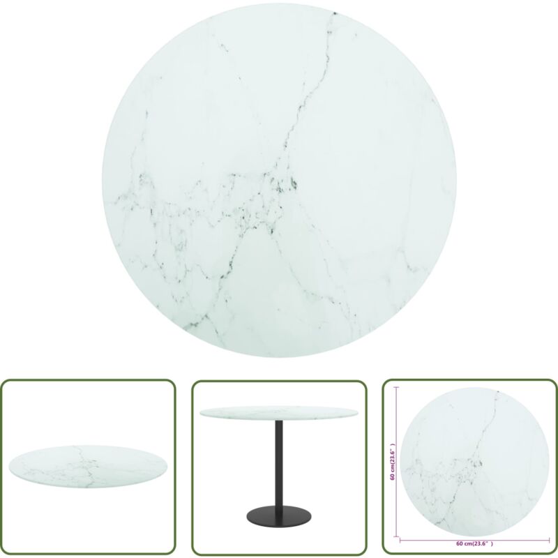 The Living Store - Dessus de table blanc Ø60x0,8cm verre trempé avec design marbre - Dessus De Table - Plateau De Table - Verre Trempé - Design