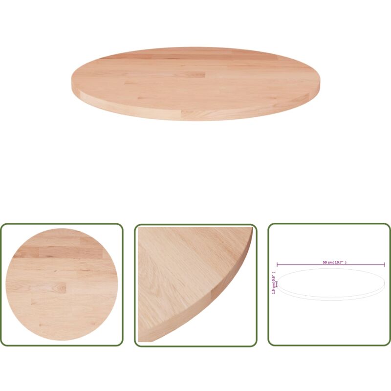 The Living Store - Dessus de table rond Ø50x1,5 cm Bois de chêne massif non traité - Dessus De Table - Plateau De Table - Bois De Chêne - Table Ronde