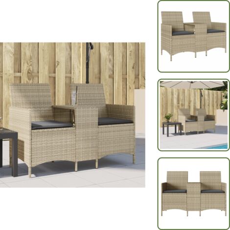 The Living Store Divano 2 Posti con Tavolo e Cuscini Grigio Chiaro Polyrattan - Divano da esterno con tavolino