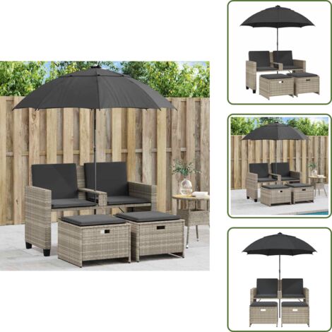 The Living Store Divano 2Posti Ombrellone e Sgabelli Grigio Chiaro Polyrattan - Ombrellone