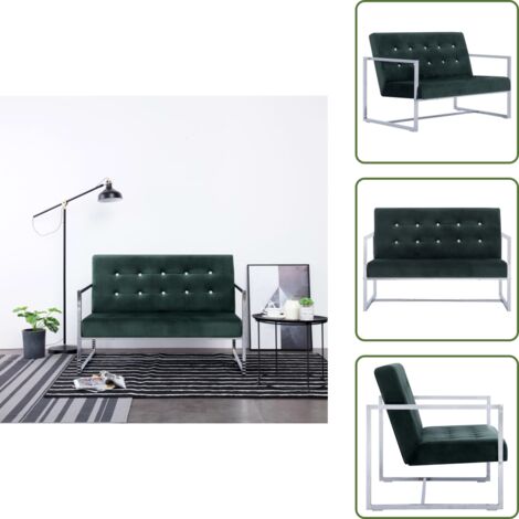 The Living Store Divano a 2 Posti con Braccioli Verde Scuro Cromato e Velluto - Divano con braccioli