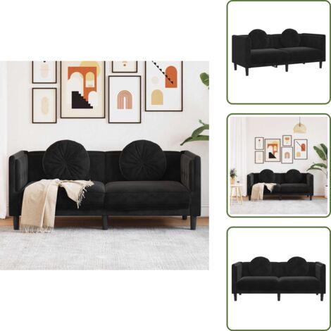 The Living Store Divano a 2 Posti con Cuscini Nero in Velluto - Cuscini rotondi