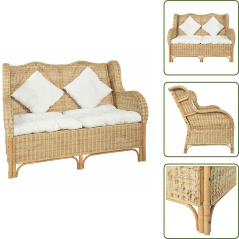 The Living Store Divano a 2 Posti in Rattan Naturale e Lino - Rattan naturale