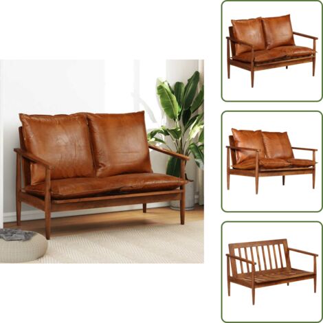 The Living Store Divano a 2 Posti in Vera Pelle con Legno di Acacia Marrone - Pelle di capra