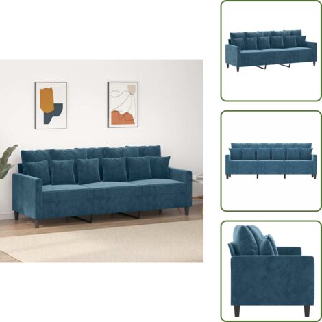 The Living Store Divano a 3 Posti Blu 180 cm in Velluto - Divano in velluto