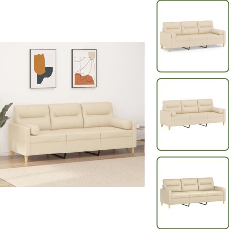 The Living Store Divano a 3 Posti con Cuscini Crema 180 cm in Tessuto - Cuscini decorativi