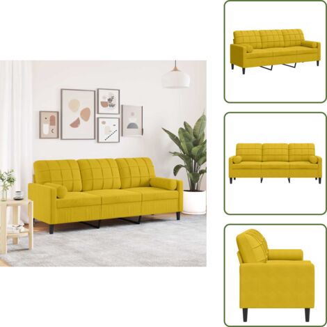 The Living Store Divano a 3 Posti con Cuscini Giallo 180 cm in Velluto - Divano in velluto