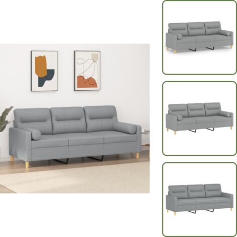 The Living Store Divano a 3 Posti con Cuscini Grigio Chiaro 180 cm in Tessuto - Cuscino decorativo