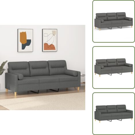 The Living Store Divano a 3 Posti con Cuscini Grigio Scuro 180 cm in Tessuto - Cuscini decorativi