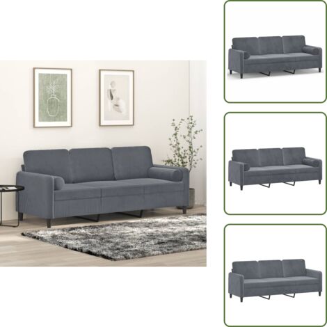 The Living Store Divano a 3 Posti con Cuscini Grigio Scuro 180 cm in Velluto - Cuscini decorativi