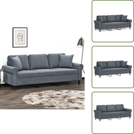 The Living Store Divano a 3 Posti con Cuscini Grigio Scuro 180 cm in Velluto - Cuscini decorativi