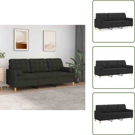 The Living Store Divano a 3 Posti con Cuscini Nero 180 cm in Tessuto - Cuscini decorativi