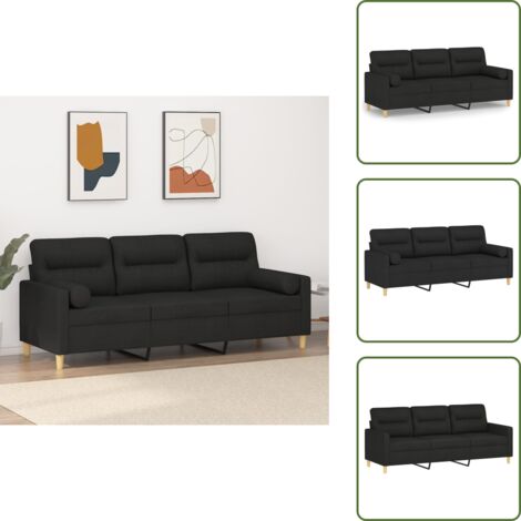 The Living Store Divano a 3 Posti con Cuscini Nero 180 cm in Tessuto - Cuscini decorativi