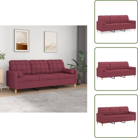 The Living Store Divano a 3 Posti con Cuscini Rosso Vino 180 cm in Tessuto - Seduta in tessuto