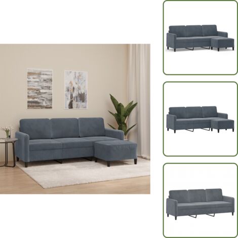 The Living Store Divano a 3 Posti con Poggiapiedi Grigio Scuro 180 cm in Velluto - Poggiapiedi