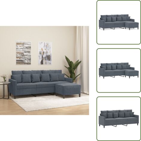 The Living Store Divano a 3 Posti con Poggiapiedi Grigio Scuro 180 cm in Velluto - Poggiapiedi
