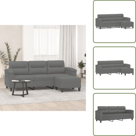 The Living Store Divano a 3 Posti con Poggiapiedi Grigio Scuro 180 cm Microfibra - Poggiapiedi