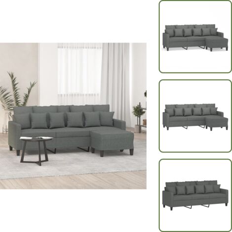 The Living Store Divano a 3 Posti con Poggiapiedi Grigio Scuro 180cm in Tessuto - Poggiapiedi